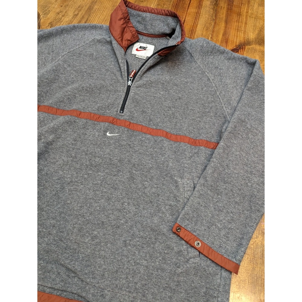 Vtg Nike Fleece Jacket Center Swoosh Gray Burnt Orange Pullover 1/4 zip